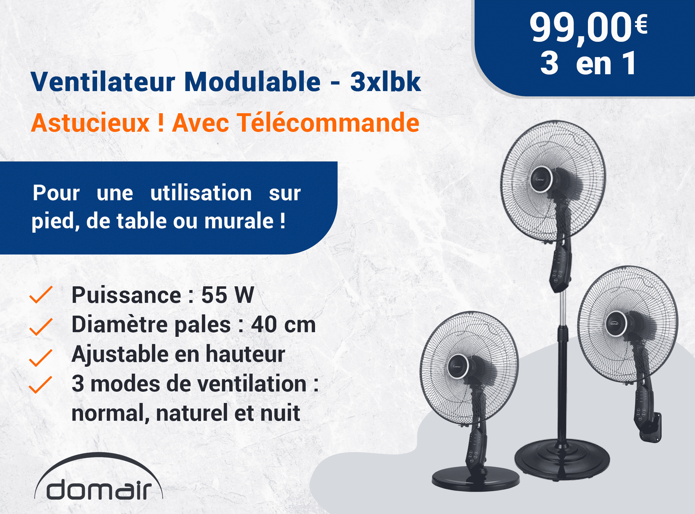 VENTILATEUR MODULABLE 3 EN 1 – 3XLBK- DOMAIR